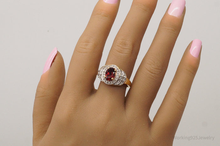 Vtg Designer Garnet CZ Gold Vermeil Sterl Sil Ring - Sz9.25