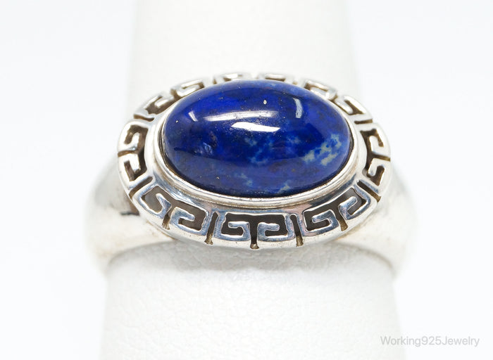 VTG Designer GV Lapis Lazuli Greek Key Design Sterling Silver Ring - SZ 9