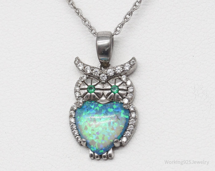 VTG Designer JCM Faux Opal Inlay Cubic Zirconia Sterling Silver Owl Necklace