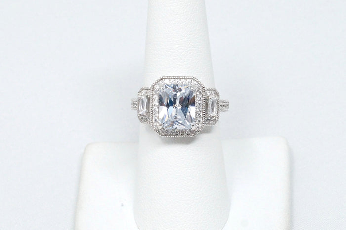 Vtg FZN Mid Century Roaring Twenties Style Large CZ Sterling Silver Ring Sz 7.75
