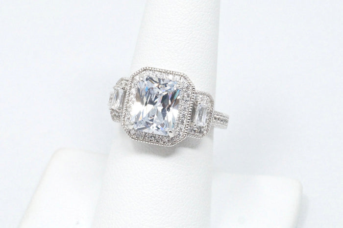 Vtg FZN Mid Century Roaring Twenties Style Large CZ Sterling Silver Ring Sz 7.75