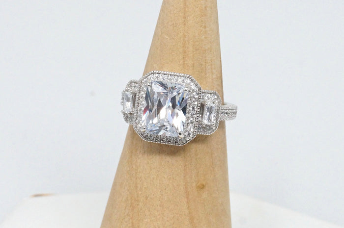 Vtg FZN Mid Century Roaring Twenties Style Large CZ Sterling Silver Ring Sz 7.75