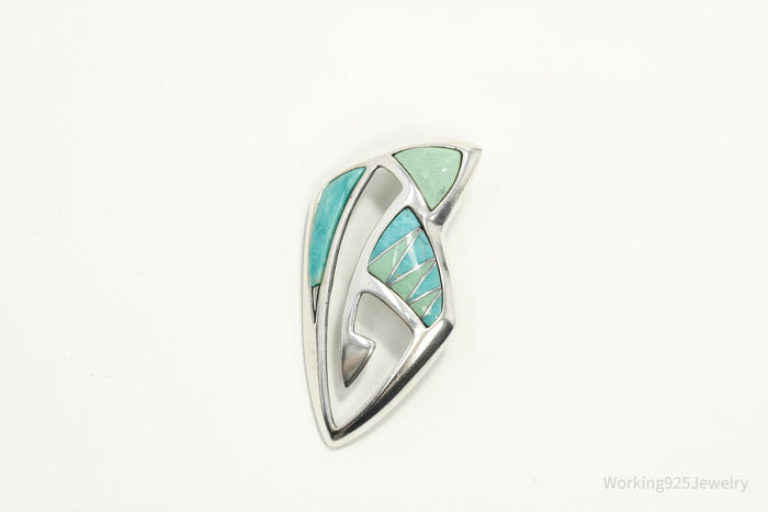VTG Native Designer Carolyn Pollack Relios Turquoise Inlay Sterling Silver Pendant 1 9/16"