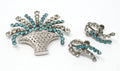 Vtg Pin Cascading Flower Basket Blue Rhinestone Sterling Brooch Earring Set