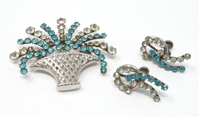 Vtg Pin Cascading Flower Basket Blue Rhinestone Sterling Brooch Earring Set