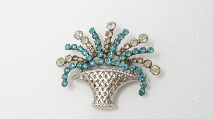 Vtg Pin Cascading Flower Basket Blue Rhinestone Sterling Brooch Earring Set