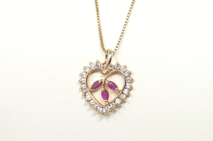 Vtg Ruby Simulated Heart Accented Rose Gold Vermeil Sterling Silver Necklace 18"