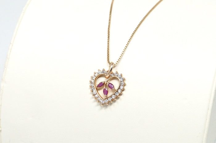 Vtg Ruby Simulated Heart Accented Rose Gold Vermeil Sterling Silver Necklace 18"